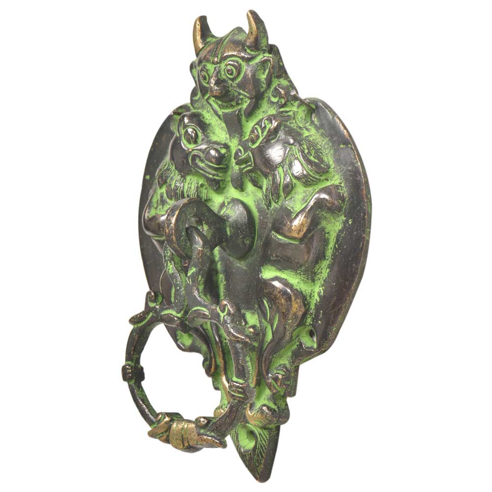 Black Brass Green Patina Demon Head With Two Lion Figurines Door