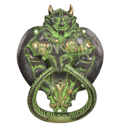 Handmade Brass Demon Two Lions Ram Head Door Knocker With Green Patina