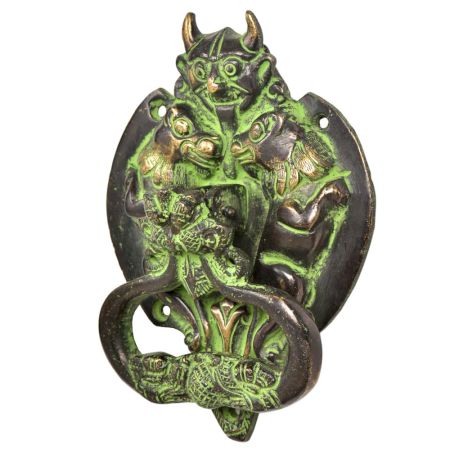 Brass Demon Two Elephants Dragon Head Door Knocker With Green Patina