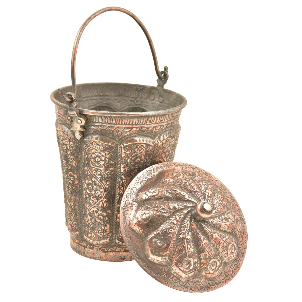 Copper Repousse Floral Bucket With Lid Finial