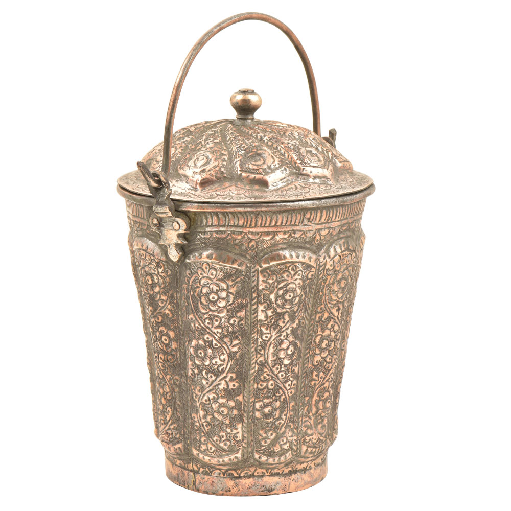 Copper Repousse Floral Bucket With Lid Finial