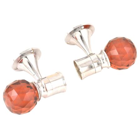 Set Of 2 Red Globe Crystal Curtain Pole Finials With Silver Brass Bracket