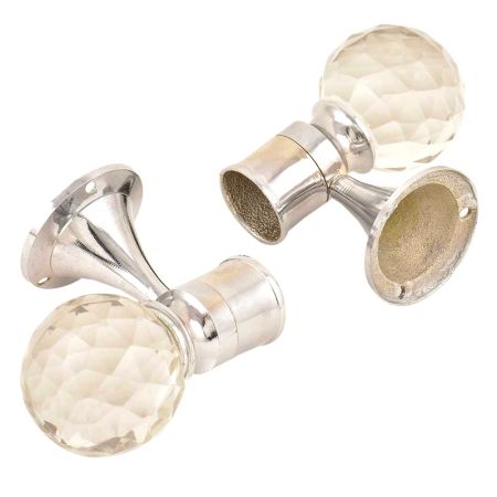 Set Of 2 Transparent Globe Crystal Curtain Pole Finials With Silver Brass Bracket