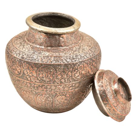 Vintage Copper Repousse Jar Lidded Pot Vase For Storage