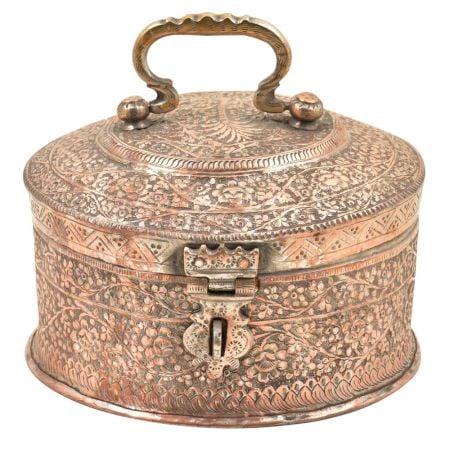 Hand Embossed Or Carved Copper Indian Pandaan With Lock Handle