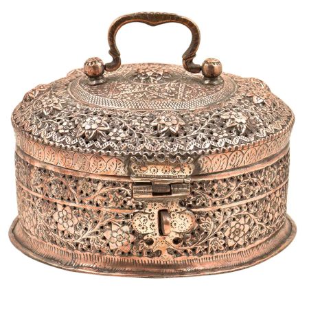 Embossed Or Carved Jali Design Copper Indian Pandaan With Lock Handle