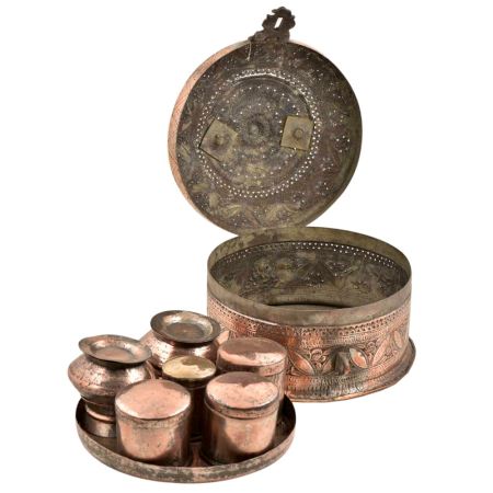 Copper Engraved Leaves Round Beetal Nut Box with Handle