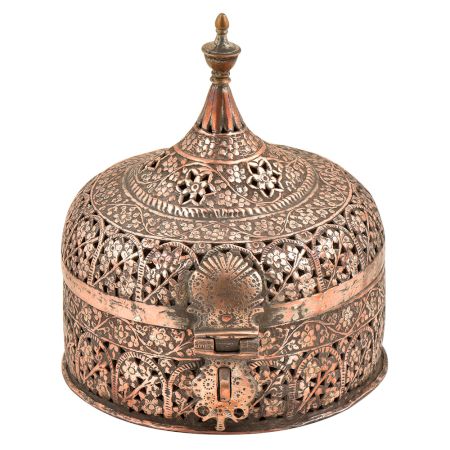 Indian Stupa Form Embossed Design Copper Paandaan Or Betal Nut Box With Lock Handle
