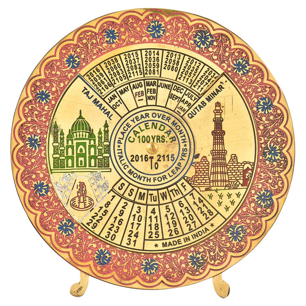Red Brass Floral Border Round Indian Desk Stand Disk 100 Years Calendar