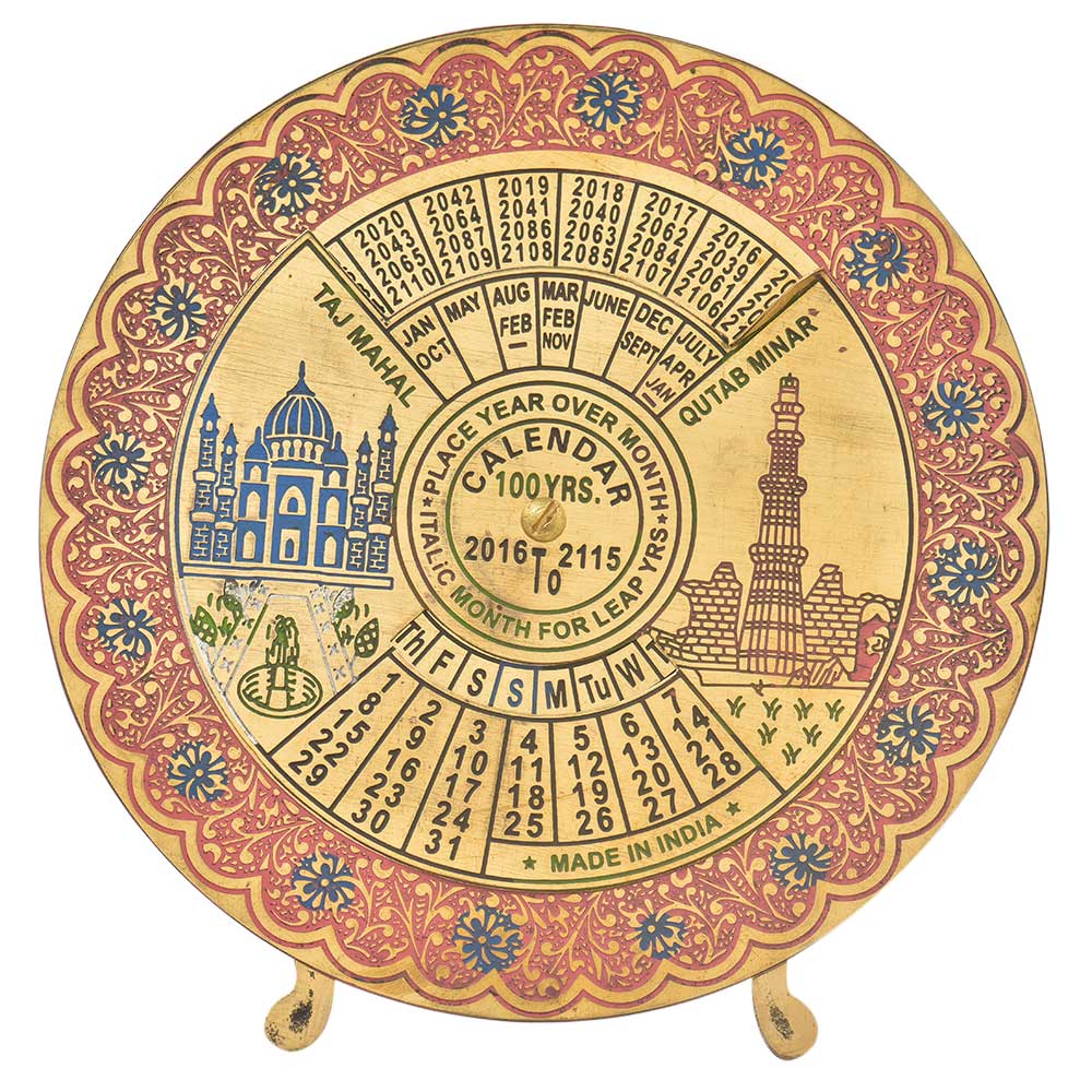 100 Years Brass Red Floral Border Round Desk Stand Disk Indian Calendar