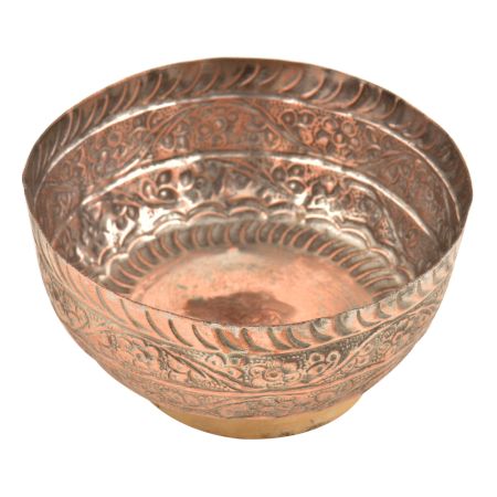 Hand Hammered Floral Design Copper Footed Bowl