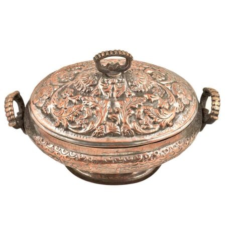 Engraved Kashmiri Copper Rice Bowl With Lid And Handles