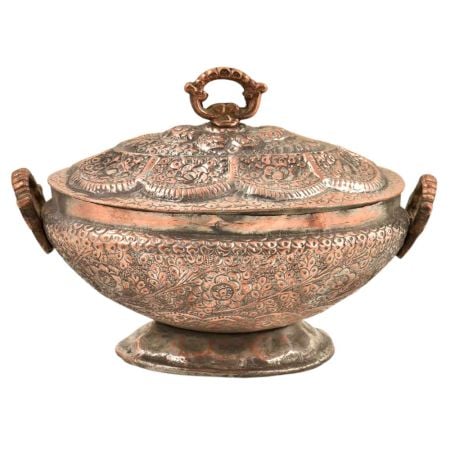 Engraved Floral Design Kashmiri Copper Rice Bowl With Lid And Handles