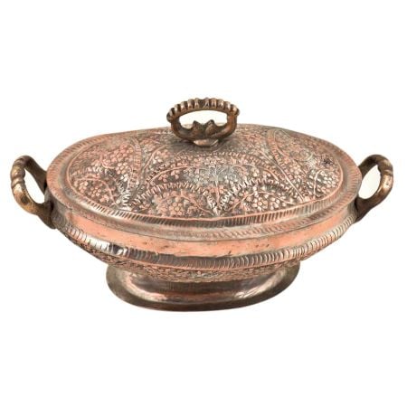 Vintage Floral Design Kashmiri Copper Rice Bowl With Lid And Handles