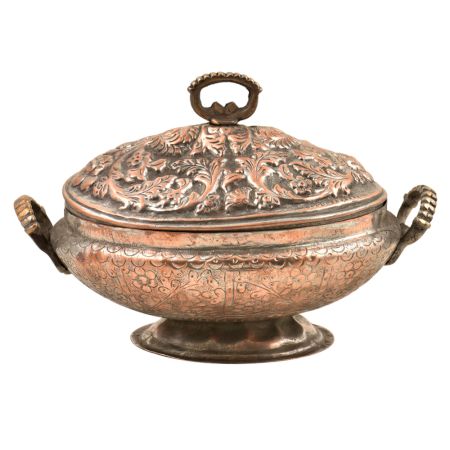 Engraved Leaf Kashmiri Copper Rice Bowl With Lid And Handles