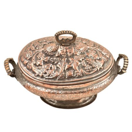Engraved Leaf Kashmiri Copper Rice Bowl With Lid And Handles