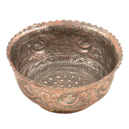Vintage Floral Pattern Copper Bowl Engraved Scalloped Edge