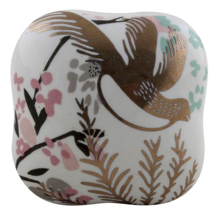 Golden Leaf Bird Square Ceramic Cabinet Knob