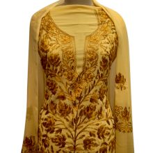 Light Yellow Designer Dress Georgette With Golden Yellow Floral Embroidery And Duppata