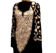 Black Designer Dress Fabric Georgette With Front White Floral Embroidery