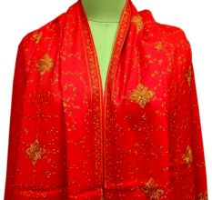 Handmade Red Semi Pashmina Jaal Design Needle Work Shawl