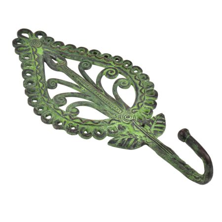 Tribal Brass Parsely Ornate Design Wall Hook With Patina