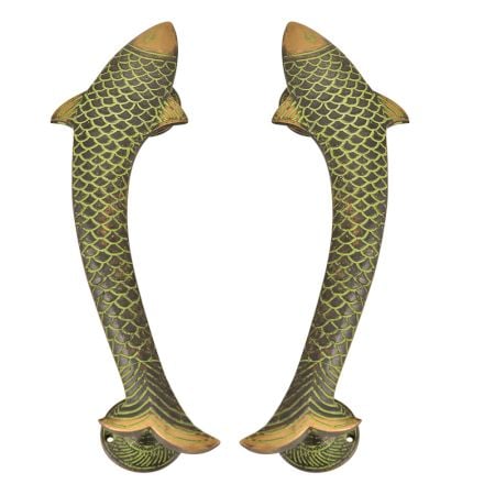 Vintage Finish Fish Shaped Brass Door Handle In Pair