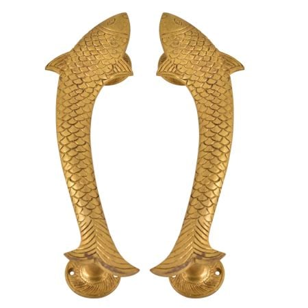 Vintage Golden Fish Shaped Brass Door Handle In Pair