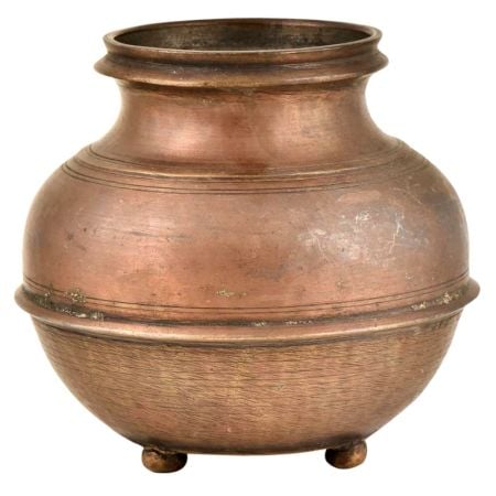Footed Brass Water Storage Pot With Horizontal Engraved Circular Lines