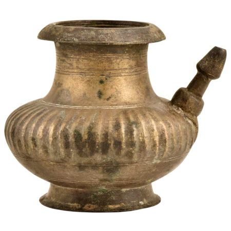 Brass Ribbed Bulbous Form Holy Water Pot With Spout