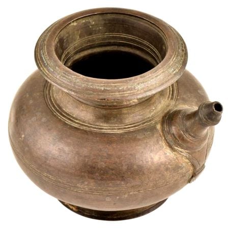 Brass  Bulbous Holy Water Pot With Spout And Patina