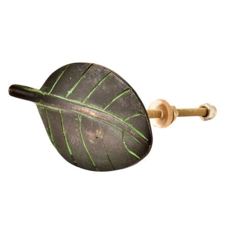 Brass Handmade Leaf Shaped Knob With Green Patina