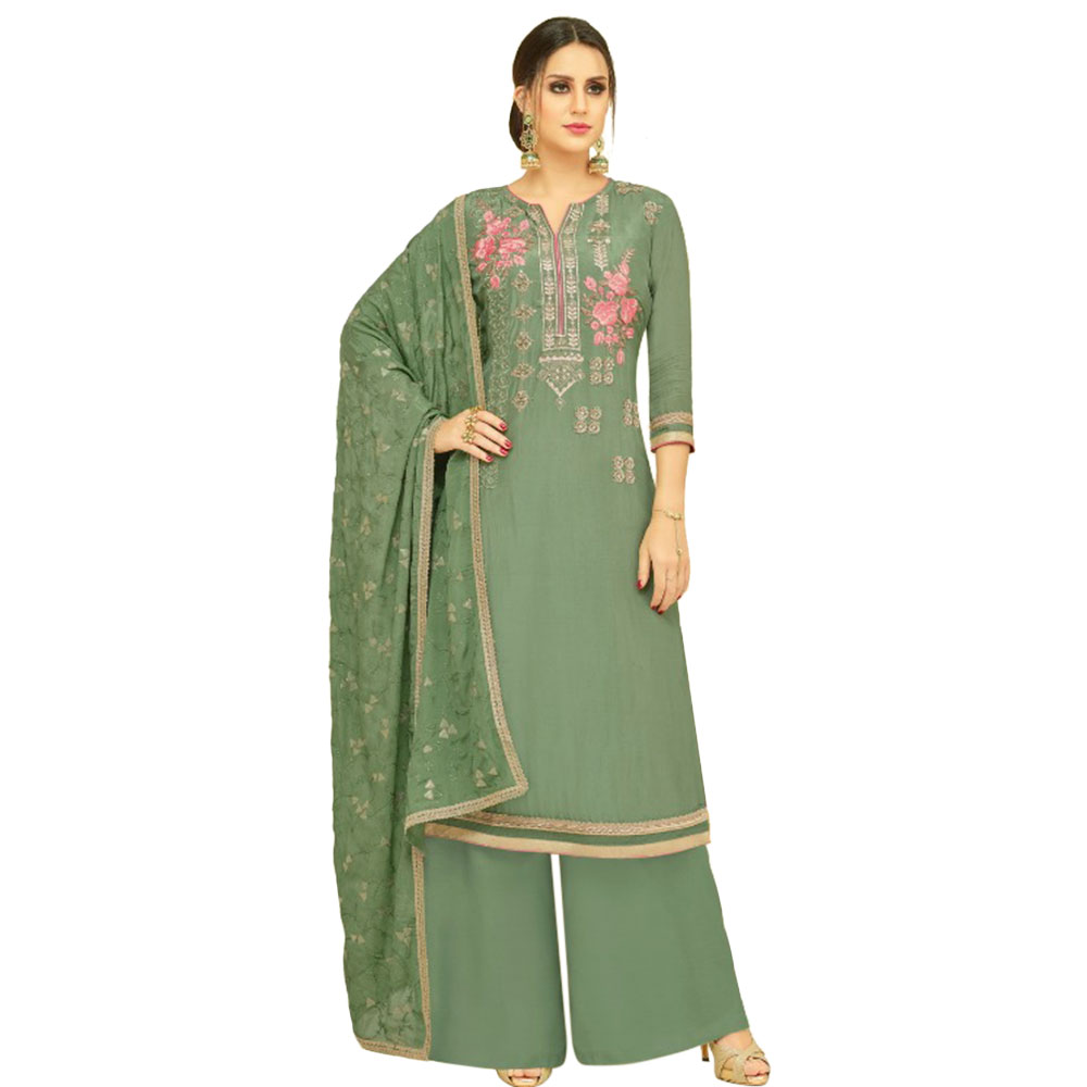green dress matching dupatta Light Green Cotton Kurta Set with Matching Floral Dupatta – Anora Fashions main image 1