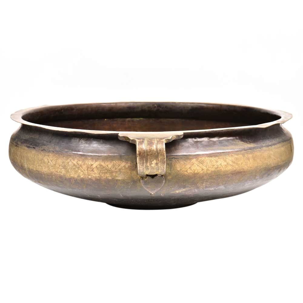 Bronze South Indian Bronze Urli Festival Cooking Vessel With Scroll Handles