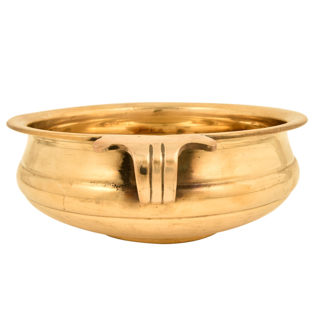 South Indian Golden Brass Urli Bowl With Scroll Handles