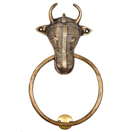 Tribal Bull Ox Head Brass Front Door Knocker Towel Ring
