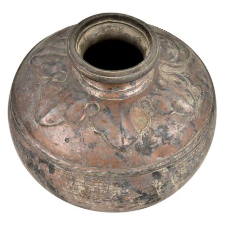 Old Brass Water Storage Pot With Leaves Engraved Near The Mouth