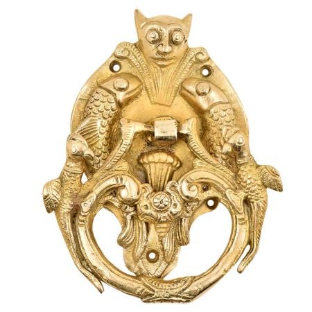Golden Brass Bat Head Two Fishes With Peacock Statues On The Knocker Ring