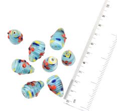 Blue Stripe Embossed Colorful  Flower Glass Beads For Jewelry Making Loose Egg Shape (12 in Pack)