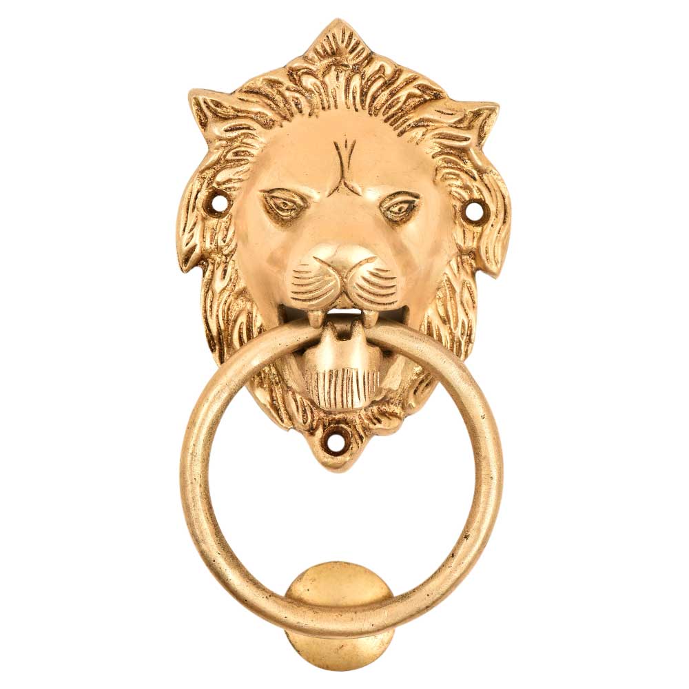 Brass Lion Head Door Knocker With A Large Brass Ring Gripped In Its Mouth