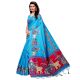 Blue Bullock Cart Village Scene Women's Khadi Silk Printed Saree With Blouse Piece