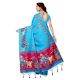 Blue Bullock Cart Village Scene Women's Khadi Silk Printed Saree With Blouse Piece