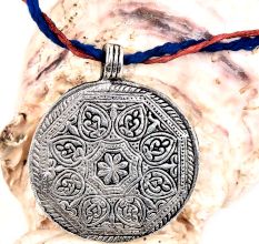 Round Engraved Floral Design Silver Aluminum Metal  Tribal Pendant Necklace