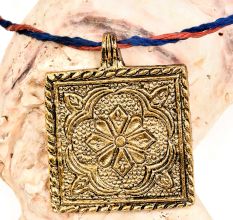 Golden Aluminum Metal  Pendant Square Shape With Flower Carved And Leafy Border