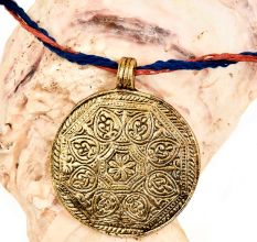 Round Engraved Floral Design Golden Aluminum Metal  Tribal Pendant Necklace