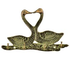 Two Brass Swan with 4 Hooks Crafted Key Holder With Patina