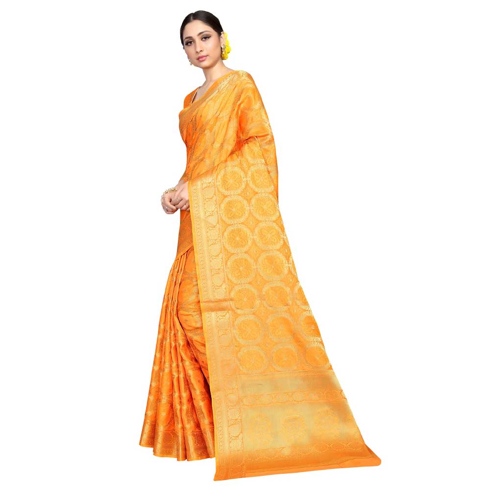 Orange Color Lichi 2 Tone Silk Saree Weaved Saree With Blouse Piece