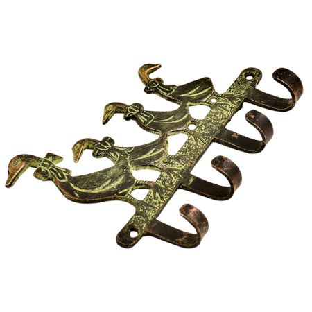 Brass Mother and Baby Geese Wall Hook Key Holder With Green Patina