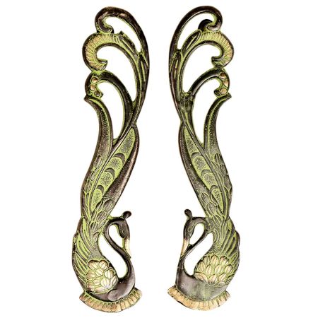 Brass Indian Peacock Door Handles With Green Patina