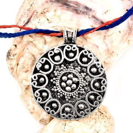 Round Silver Aluminum  Metal Pendant Necklace With Tribal Style Inlay Work